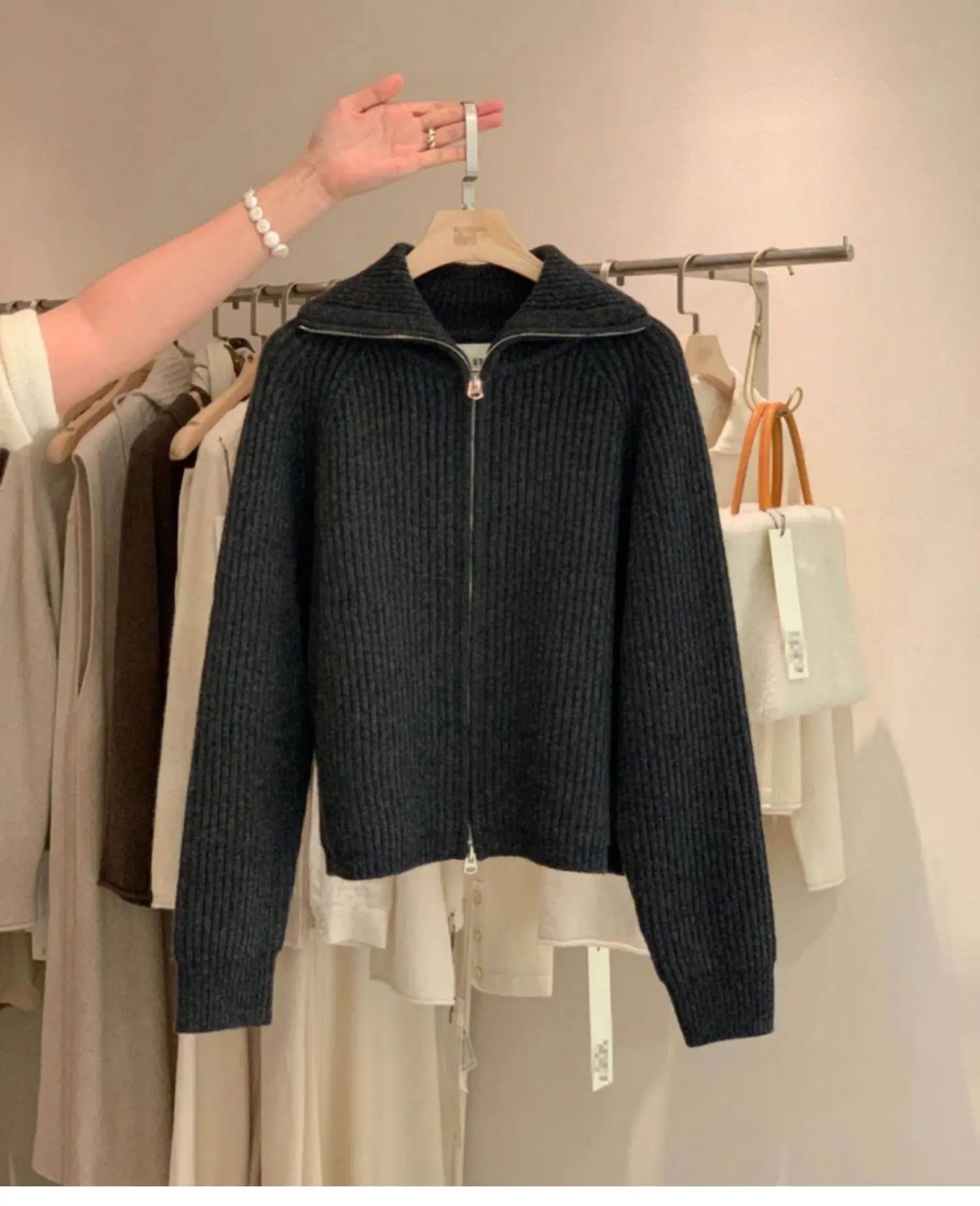 Cardigan da donna in puro cashmere al 100% con cerniera, cappotto lavorato a maglia, maglione ispessito, risvolto sciolto autunno e inverno. - StepByStepNow