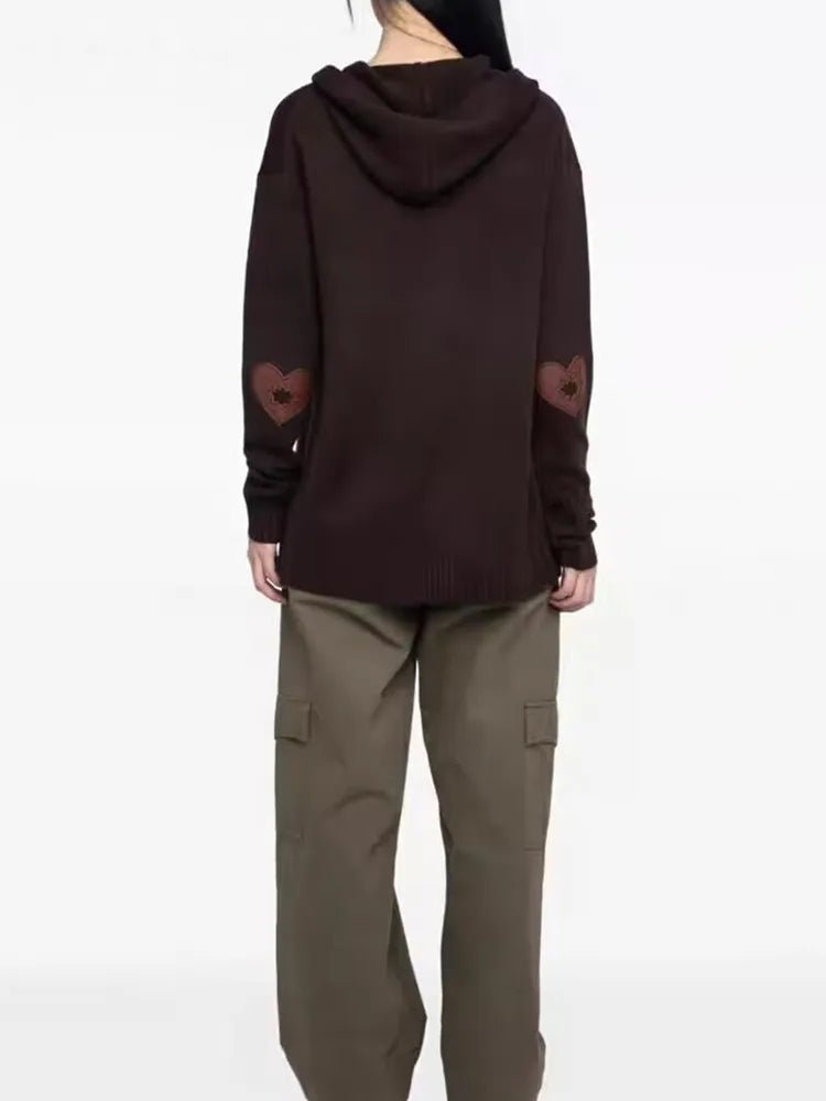 Cardigan lavorato a maglia moda donna 3 colori con cappuccio patch a forma di cuore in pelle 100% cashmere maglione autunno inverno allentato 2025 - StepByStepNow