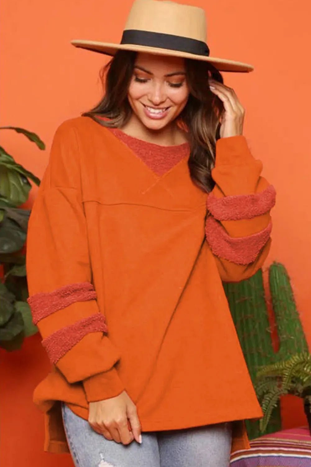 Carrot Fleece Patchwork Side Slits High Low Sweatshirt - StepByStep