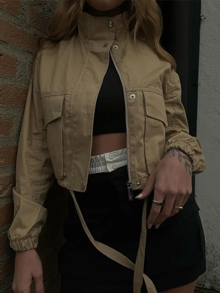 Casual Drawstring Short Women's Coat Solid Lapel Single Breasted Zipper Long Sleeve Jacket Female Autumn Street Lady Coats - StepByStepNow