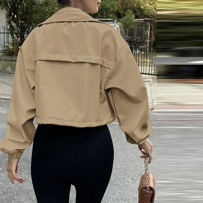 Casual Drawstring Short Women's Coat Solid Lapel Single Breasted Zipper Long Sleeve Jacket Female Autumn Street Lady Coats - StepByStepNow