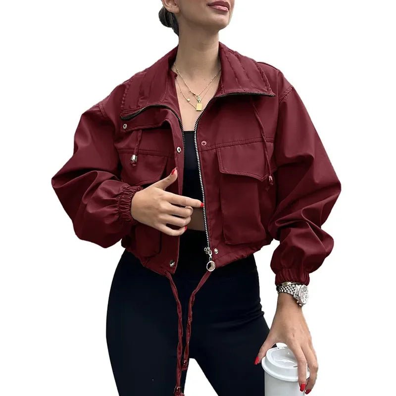 Casual Drawstring Short Women's Coat Solid Lapel Single Breasted Zipper Long Sleeve Jacket Female Autumn Street Lady Coats - StepByStepNow