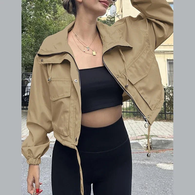 Casual Drawstring Short Women's Coat Solid Lapel Single Breasted Zipper Long Sleeve Jacket Female Autumn Street Lady Coats - StepByStepNow