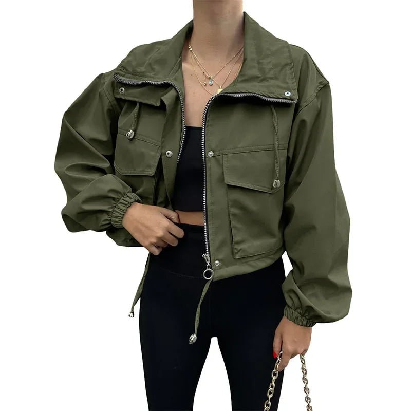 Casual Drawstring Short Women's Coat Solid Lapel Single Breasted Zipper Long Sleeve Jacket Female Autumn Street Lady Coats - StepByStepNow