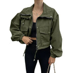 Casual Drawstring Short Women's Coat Solid Lapel Single Breasted Zipper Long Sleeve Jacket Female Autumn Street Lady Coats - StepByStepNow
