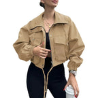 Casual Drawstring Short Women's Coat Solid Lapel Single Breasted Zipper Long Sleeve Jacket Female Autumn Street Lady Coats - StepByStepNow
