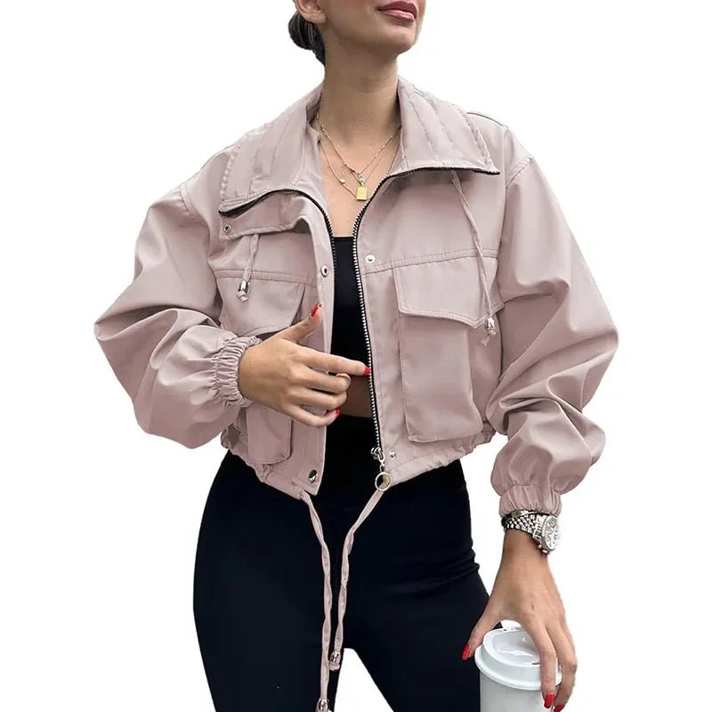 Casual Drawstring Short Women's Coat Solid Lapel Single Breasted Zipper Long Sleeve Jacket Female Autumn Street Lady Coats - StepByStepNow