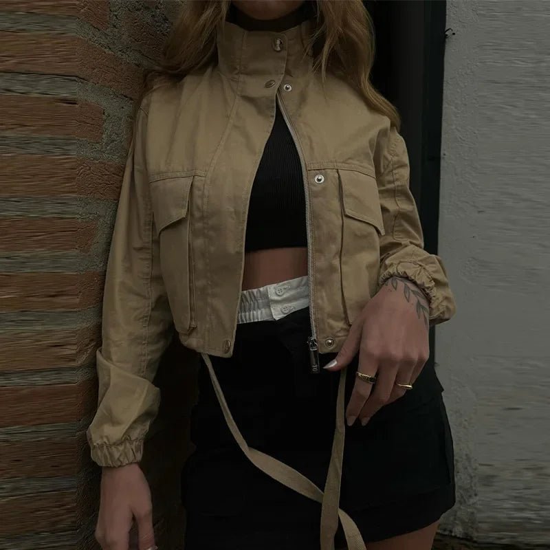 Casual Drawstring Short Women's Coat Solid Lapel Single Breasted Zipper Long Sleeve Jacket Female Autumn Street Lady Coats - StepByStepNow