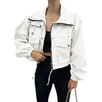 Casual Drawstring Short Women's Coat Solid Lapel Single Breasted Zipper Long Sleeve Jacket Female Autumn Street Lady Coats - StepByStepNow