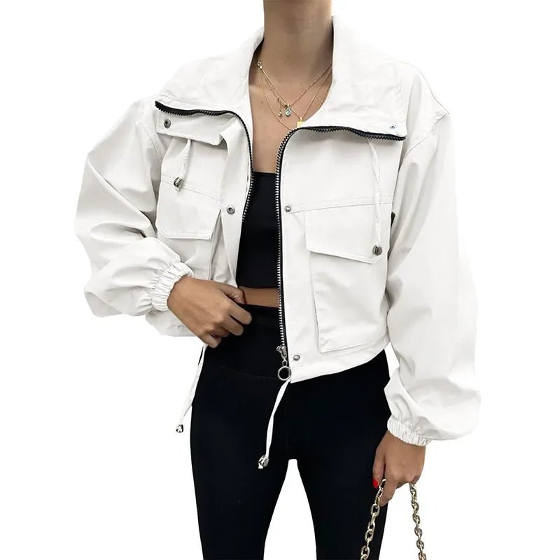 Casual Drawstring Short Women's Coat Solid Lapel Single Breasted Zipper Long Sleeve Jacket Female Autumn Street Lady Coats - StepByStepNow