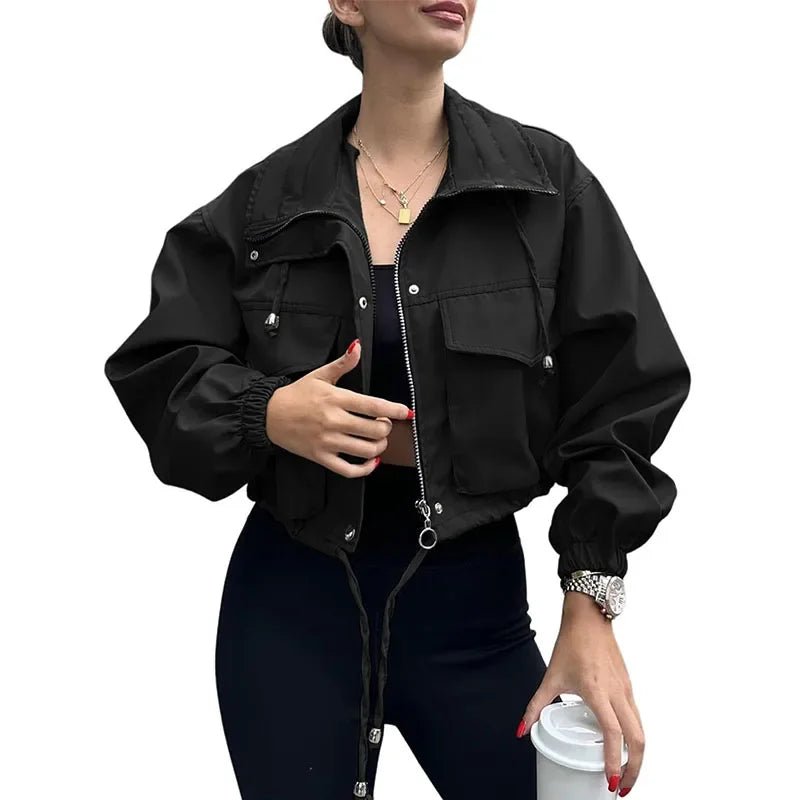 Casual Drawstring Short Women's Coat Solid Lapel Single Breasted Zipper Long Sleeve Jacket Female Autumn Street Lady Coats - StepByStepNow