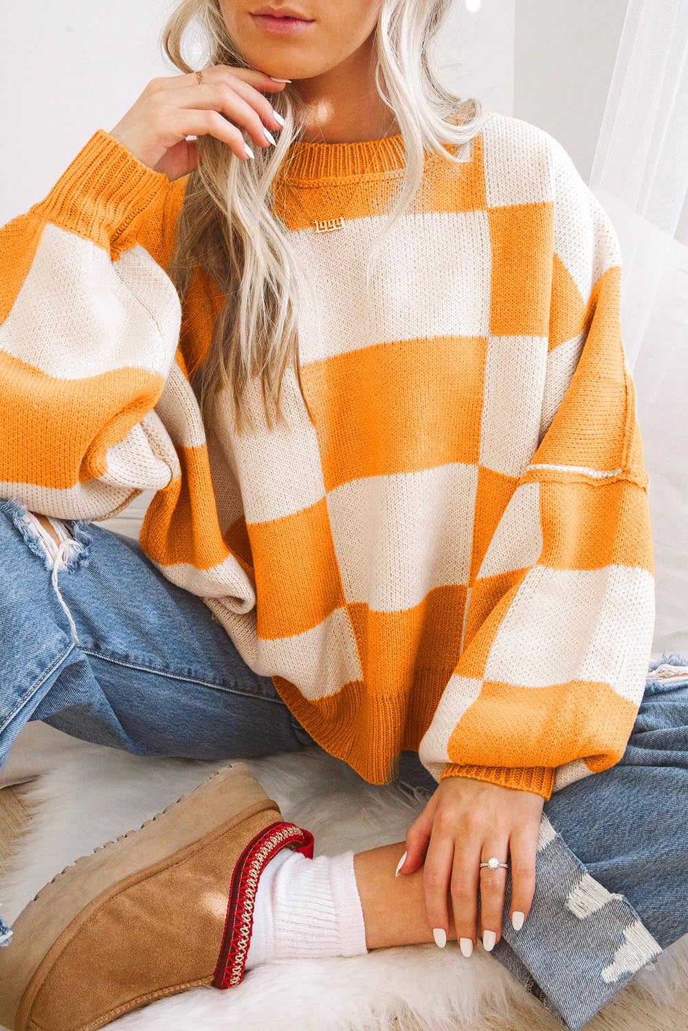 Checkered Bishop Sleeve Sweater - StepByStep