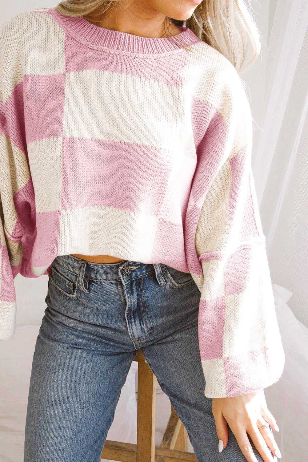 Checkered Bishop Sleeve Sweater - StepByStep