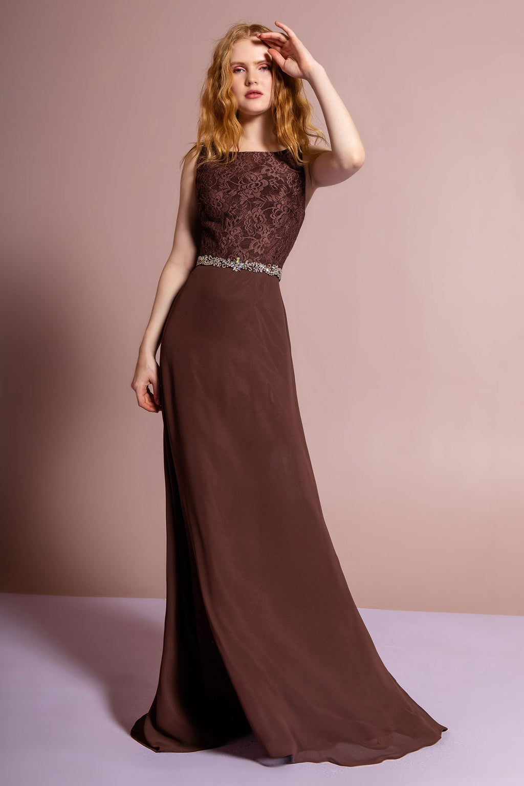 Chiffon Floor Length Dress Accented with Jewel Waistband - StepByStepNow