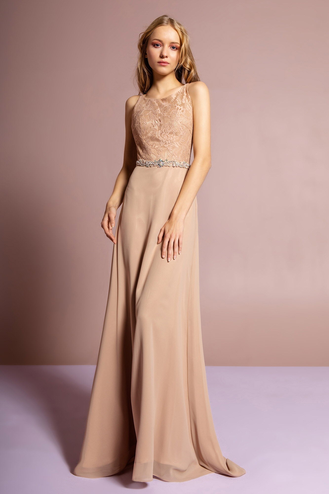Chiffon Floor Length Dress Accented with Jewel Waistband - StepByStepNow