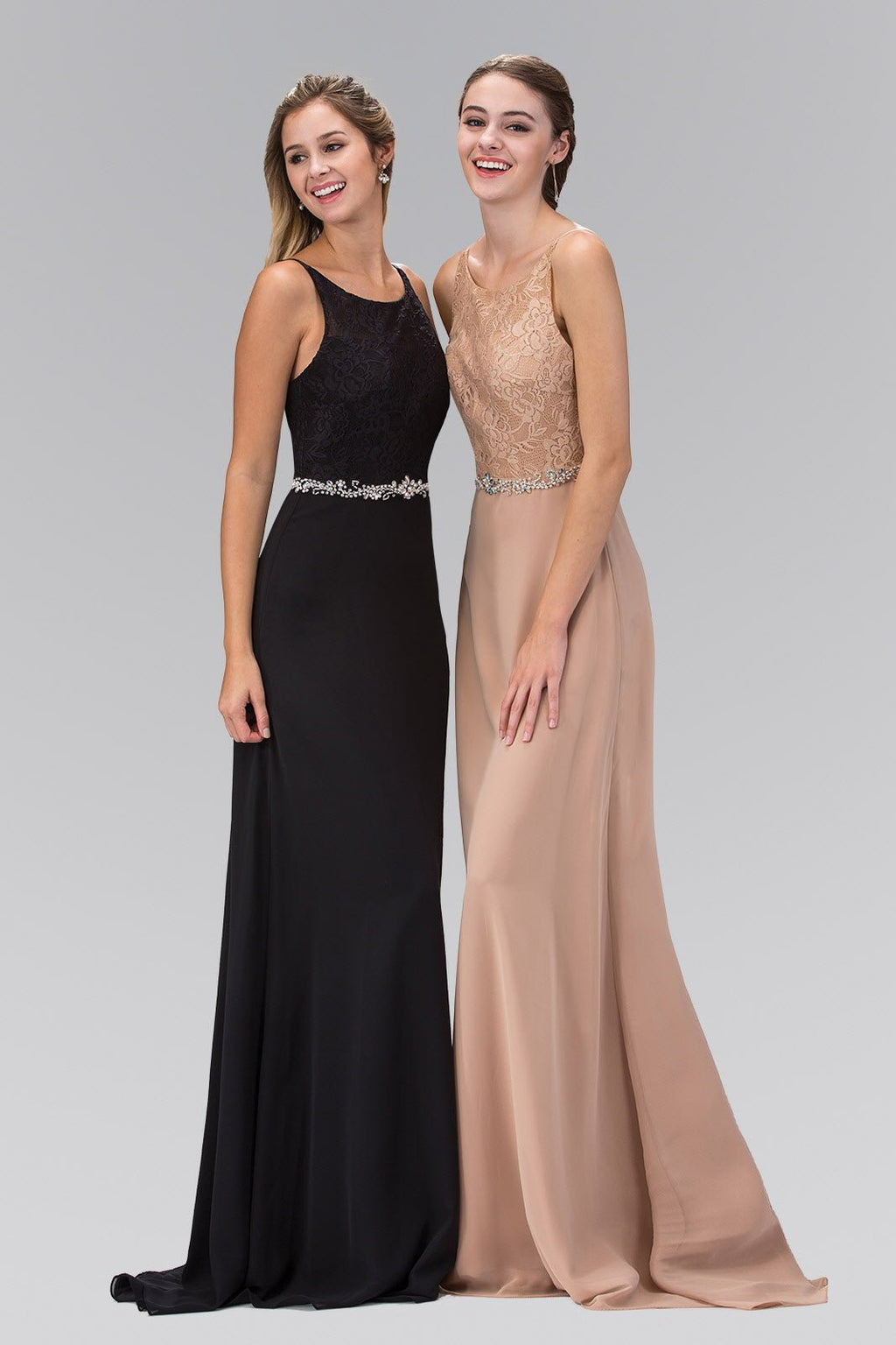 Chiffon Floor Length Dress Accented with Jewel Waistband - StepByStepNow