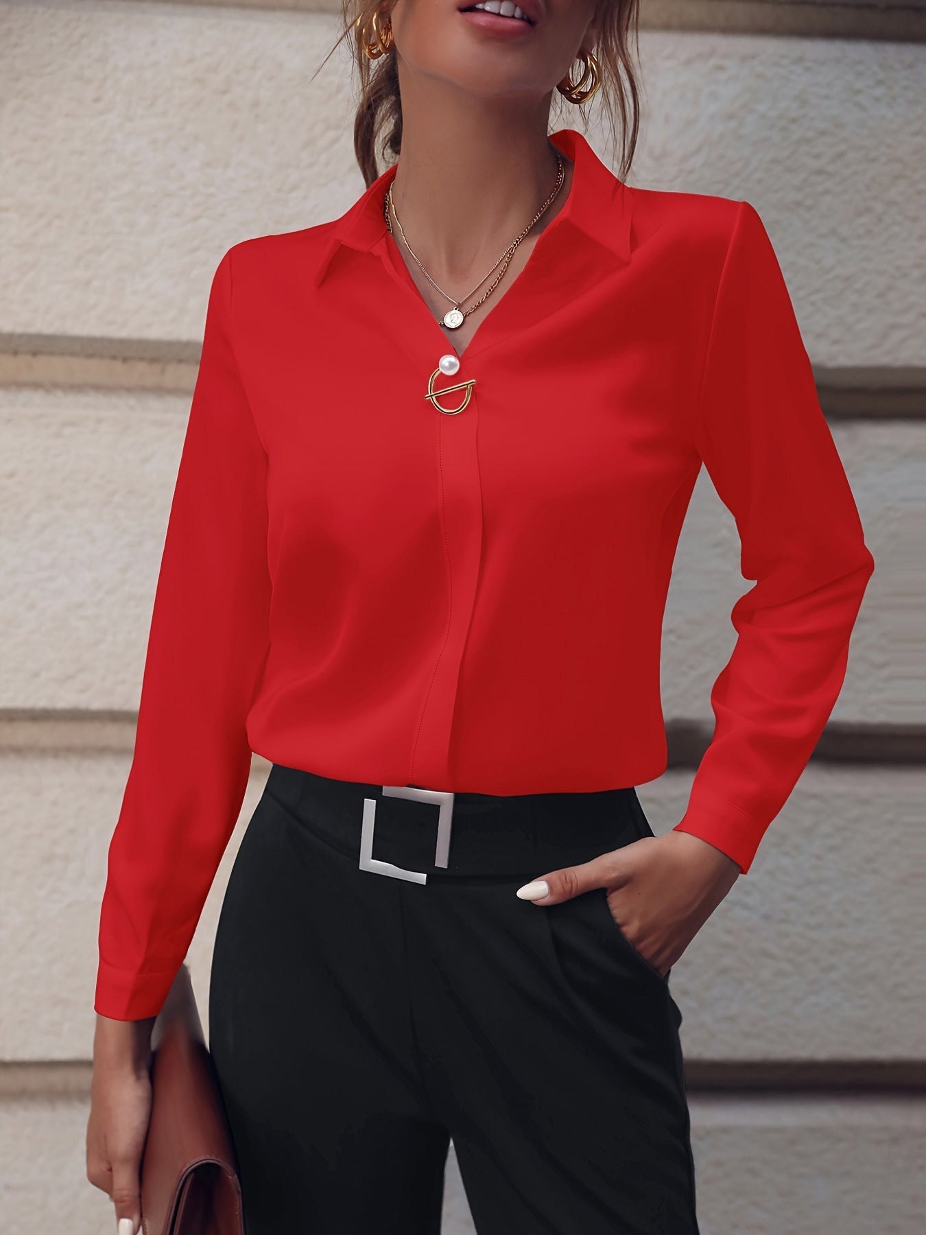 Commuter V - neck Long - sleeved Shirts Ins Fashion Solid Color Pullover Top Autumn And Spring Women's Clothing - StepByStepNow