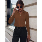Commuter V - neck Long - sleeved Shirts Ins Fashion Solid Color Pullover Top Autumn And Spring Women's Clothing - StepByStepNow