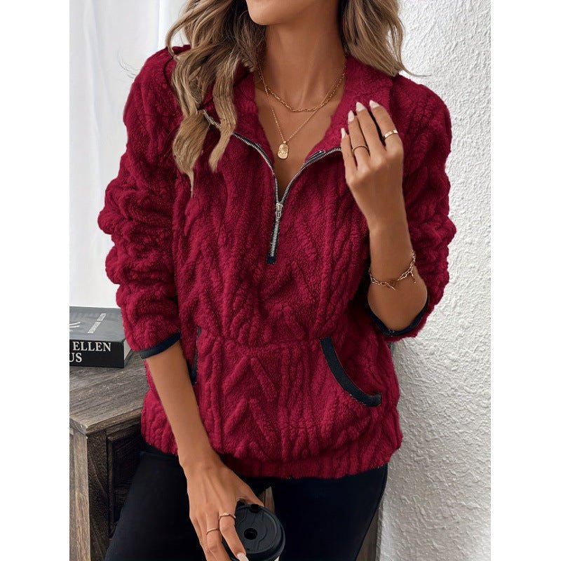 Contrast Color Half - open Collar Plush Women's Sweater - StepByStepNow
