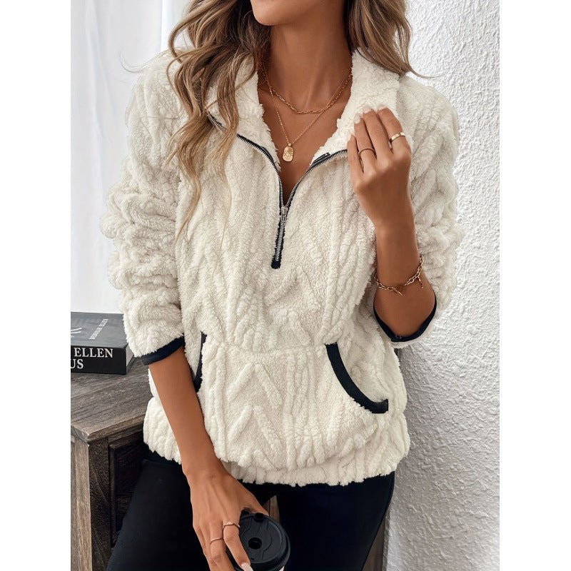 Contrast Color Half - open Collar Plush Women's Sweater - StepByStepNow