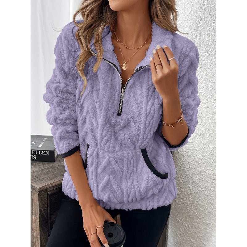 Contrast Color Half - open Collar Plush Women's Sweater - StepByStepNow