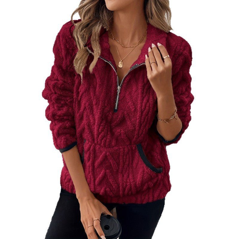 Contrast Color Half - open Collar Plush Women's Sweater - StepByStepNow