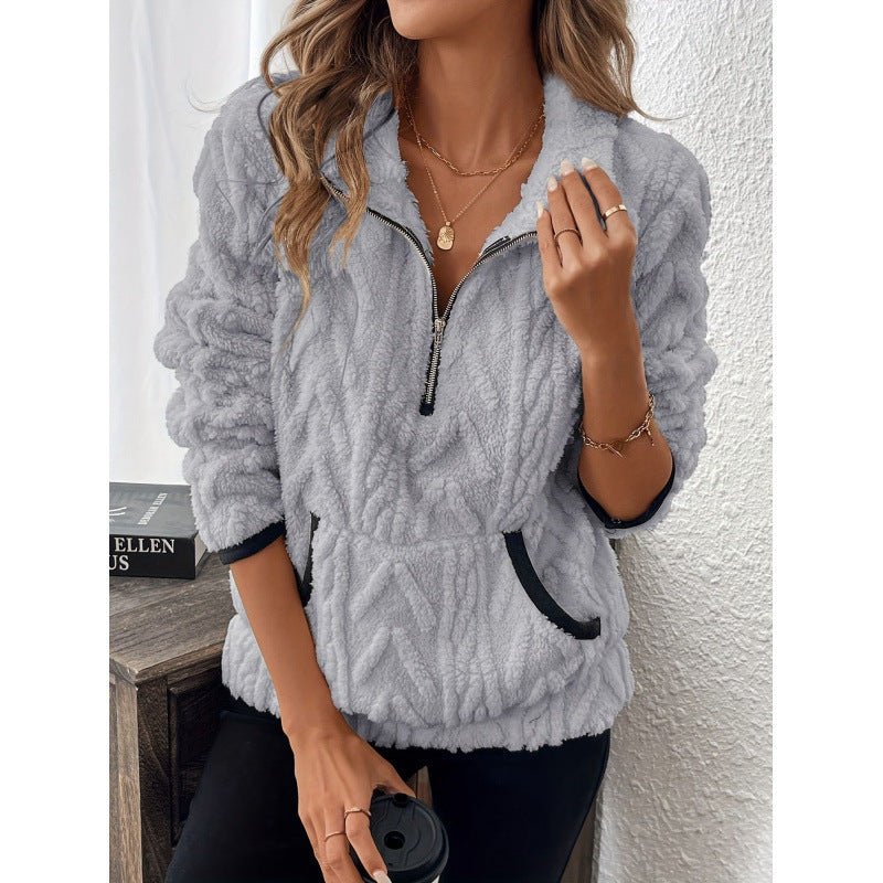 Contrast Color Half - open Collar Plush Women's Sweater - StepByStepNow