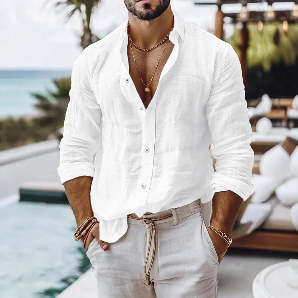 Cotton Linen Shirt for Men Summer Beach Style Solid Color Single Breasted Breathable Shirts Lightweight Stylish Button Tops - StepByStepNow