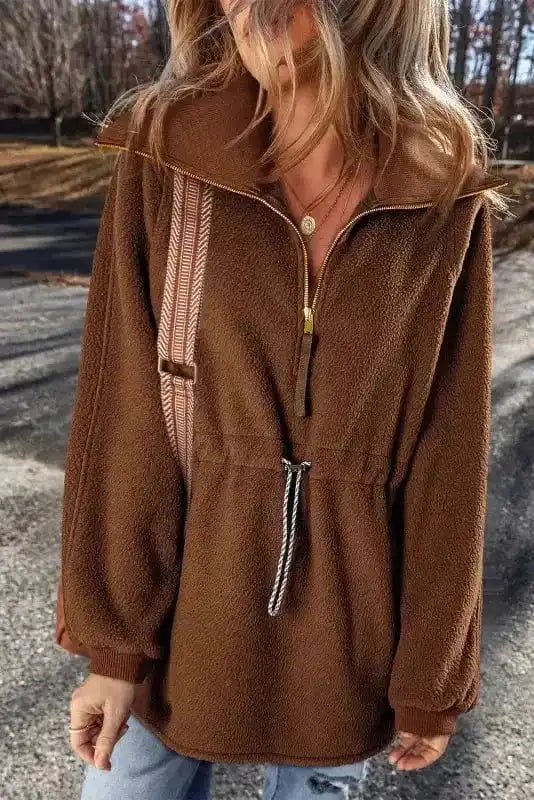 Cozy Brown Half - Zip Fleece Pullover Jacket - StepByStep
