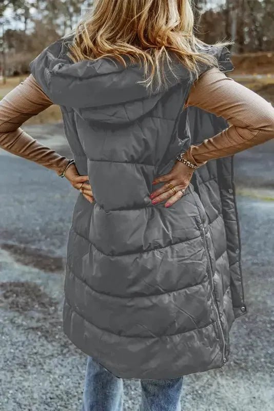 Dark Grey Hooded Long Quilted Vest Coat - StepByStep