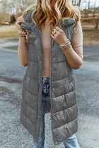 Dark Grey Hooded Long Quilted Vest Coat - StepByStep