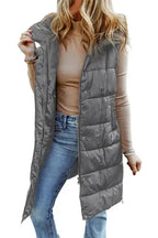 Dark Grey Hooded Long Quilted Vest Coat - StepByStep