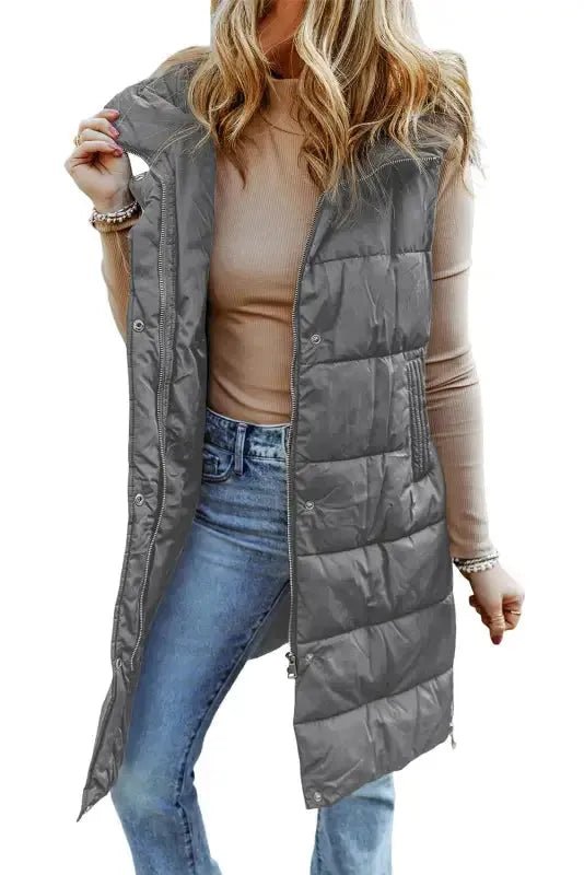 Dark Grey Hooded Long Quilted Vest Coat - StepByStep