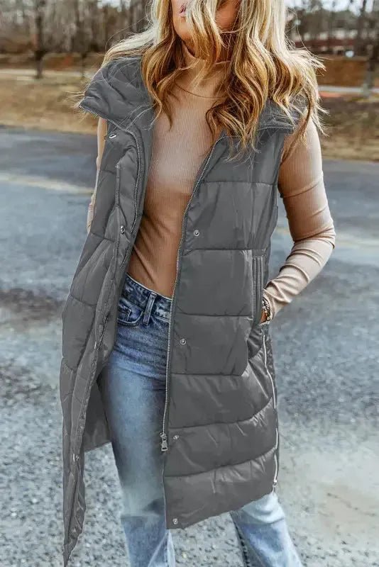 Dark Grey Hooded Long Quilted Vest Coat - StepByStep