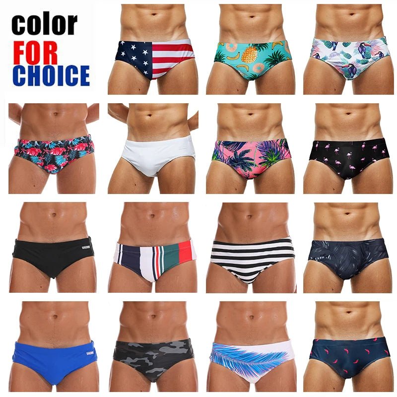 Datifer Summer 2026 Men Shorts Gym Low Waist Sexy Print Swim Brief Removed Pad Surfing Swimsuit Shorts Multicolor - StepByStepNow