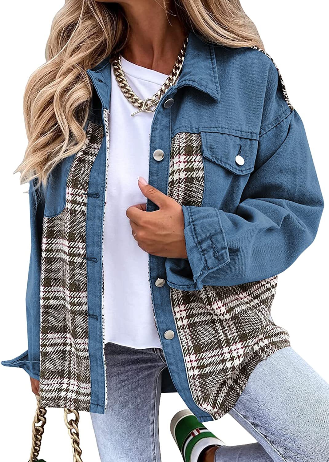 Denim Jacket Long Sleeve Plaid Button Down Shirt - StepByStepNow