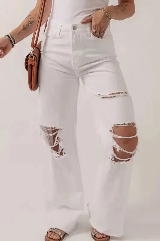 Distressed Straight Leg Jeans - White - StepByStep