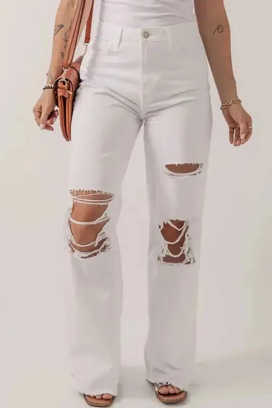 Distressed Straight Leg Jeans - White - StepByStep