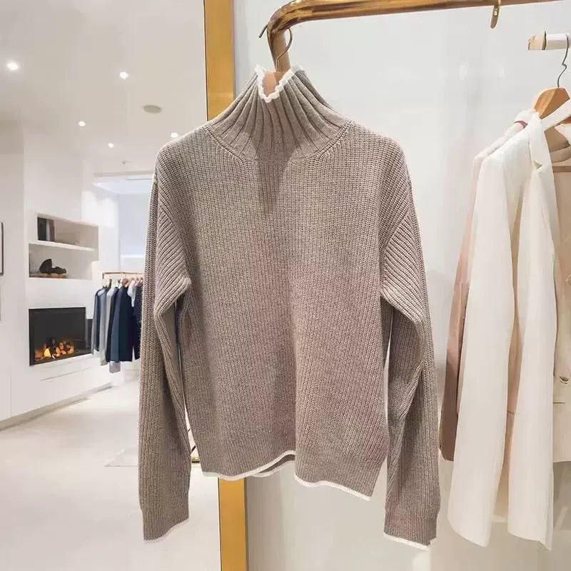 Dolcevita da donna in 2 colori con finiture in colore a contrasto maglione lavorato a maglia manica lunga 2025 autunno donna che tocca il fondo maglieria pullover - StepByStepNow