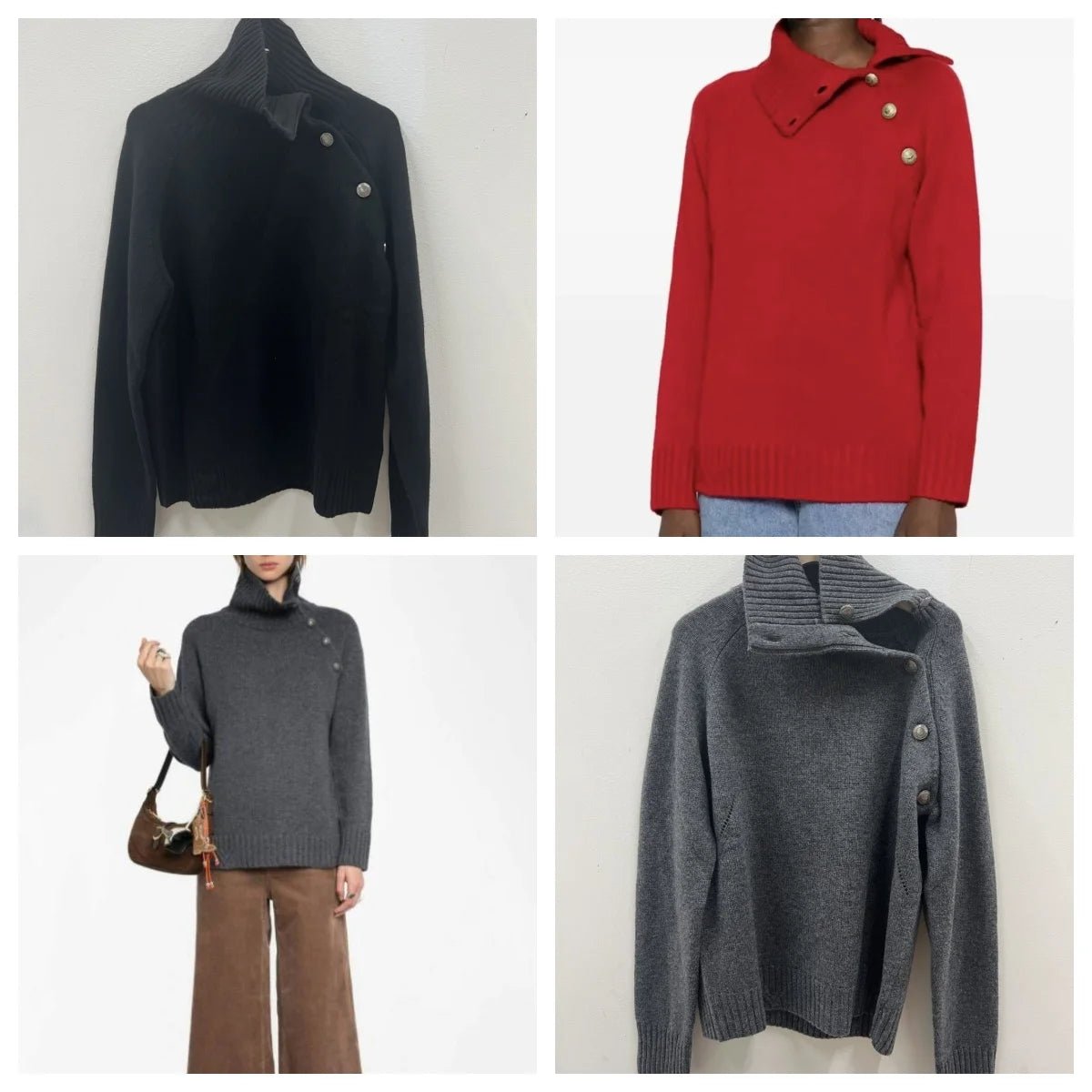 Donna 100% Cashmere lavorato a maglia maglione a collo alto spalla abbottonata pullover a maniche lunghe spalla bassa maglieria di alta qualità 2025FW - StepByStepNow