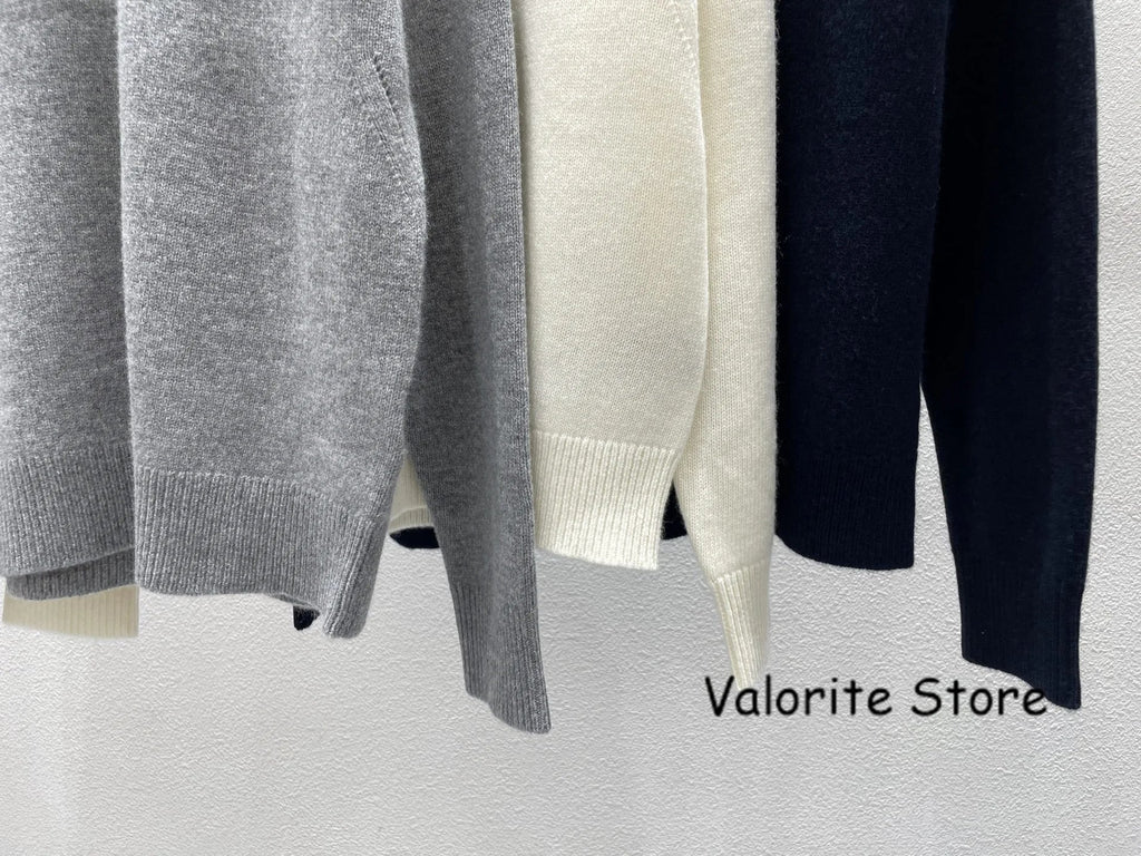 Donna 2025FW Grigio Bianco Navy Cashmere Pullover Scollo a V Lettere Ricamo Maniche lunghe Moda Maglieria Polsini Rotolo - StepByStepNow