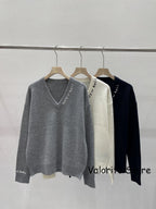 Donna 2025FW Grigio Bianco Navy Cashmere Pullover Scollo a V Lettere Ricamo Maniche lunghe Moda Maglieria Polsini Rotolo - StepByStepNow