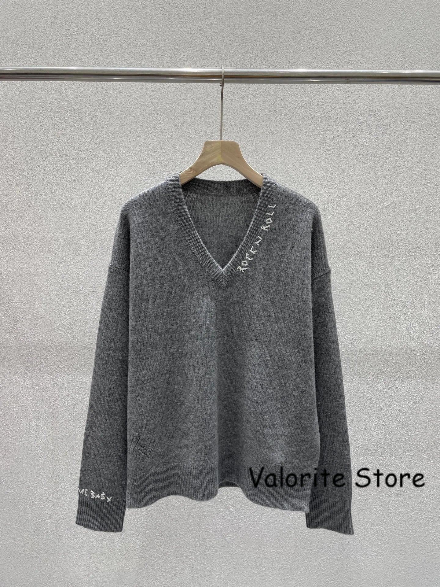 Donna 2025FW Grigio Bianco Navy Cashmere Pullover Scollo a V Lettere Ricamo Maniche lunghe Moda Maglieria Polsini Rotolo - StepByStepNow