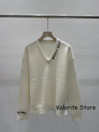 Donna 2025FW Grigio Bianco Navy Cashmere Pullover Scollo a V Lettere Ricamo Maniche lunghe Moda Maglieria Polsini Rotolo - StepByStepNow