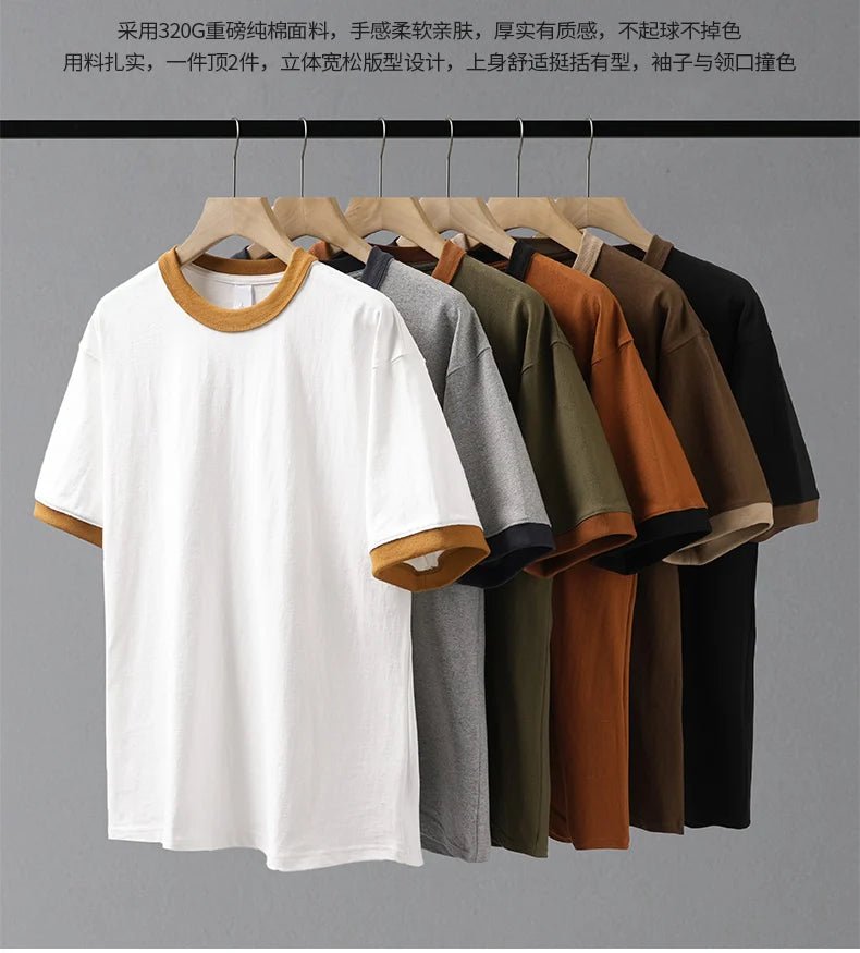 DUKEEN 320G Heavyweight Color - Blocked Patchwork Men's T-Shirt Summer 100% Cotton Solid Color Short Sleeve Basic Tops - StepByStepNow