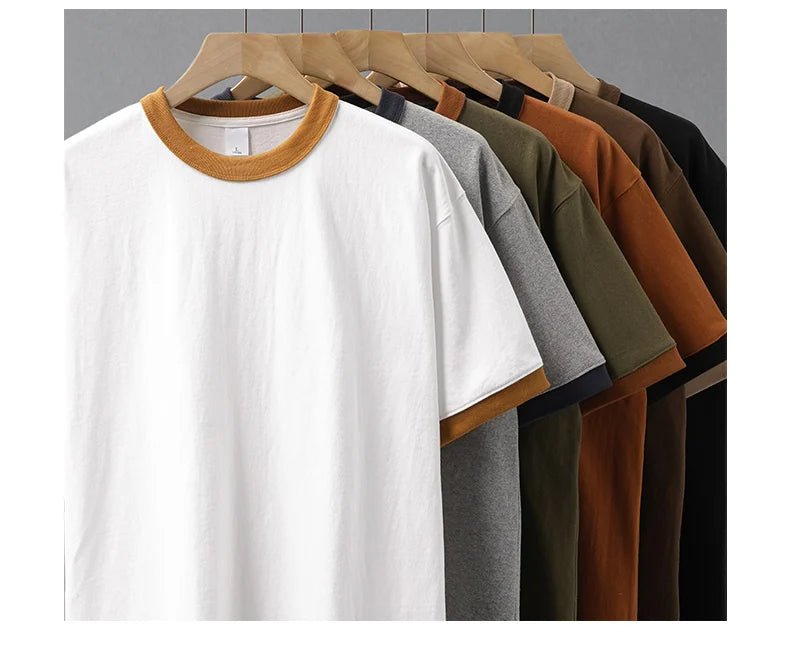 DUKEEN 320G Heavyweight Color - Blocked Patchwork Men's T-Shirt Summer 100% Cotton Solid Color Short Sleeve Basic Tops - StepByStepNow