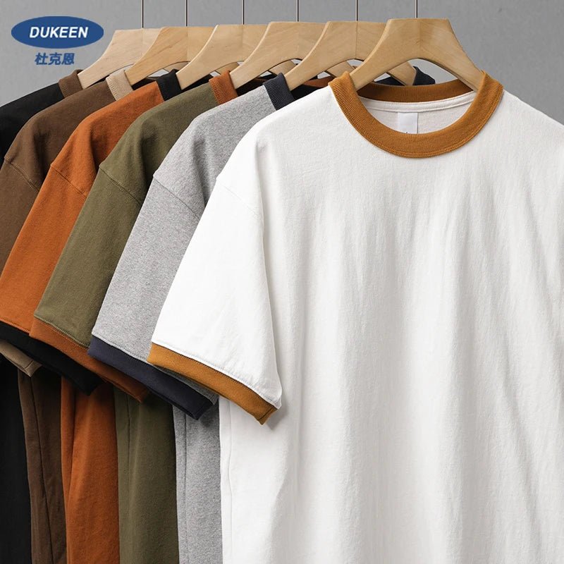 DUKEEN 320G Heavyweight Color - Blocked Patchwork Men's T-Shirt Summer 100% Cotton Solid Color Short Sleeve Basic Tops - StepByStepNow