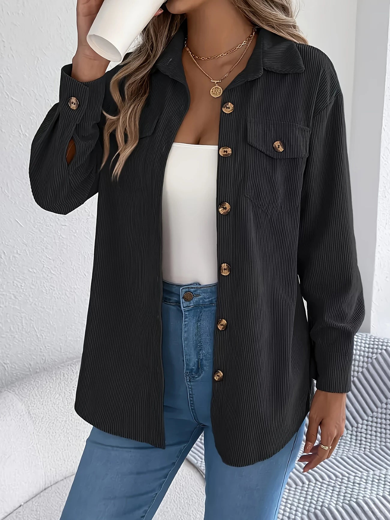 European And American Corduroy Striped Mid - length Coat Shirt - StepByStepNow