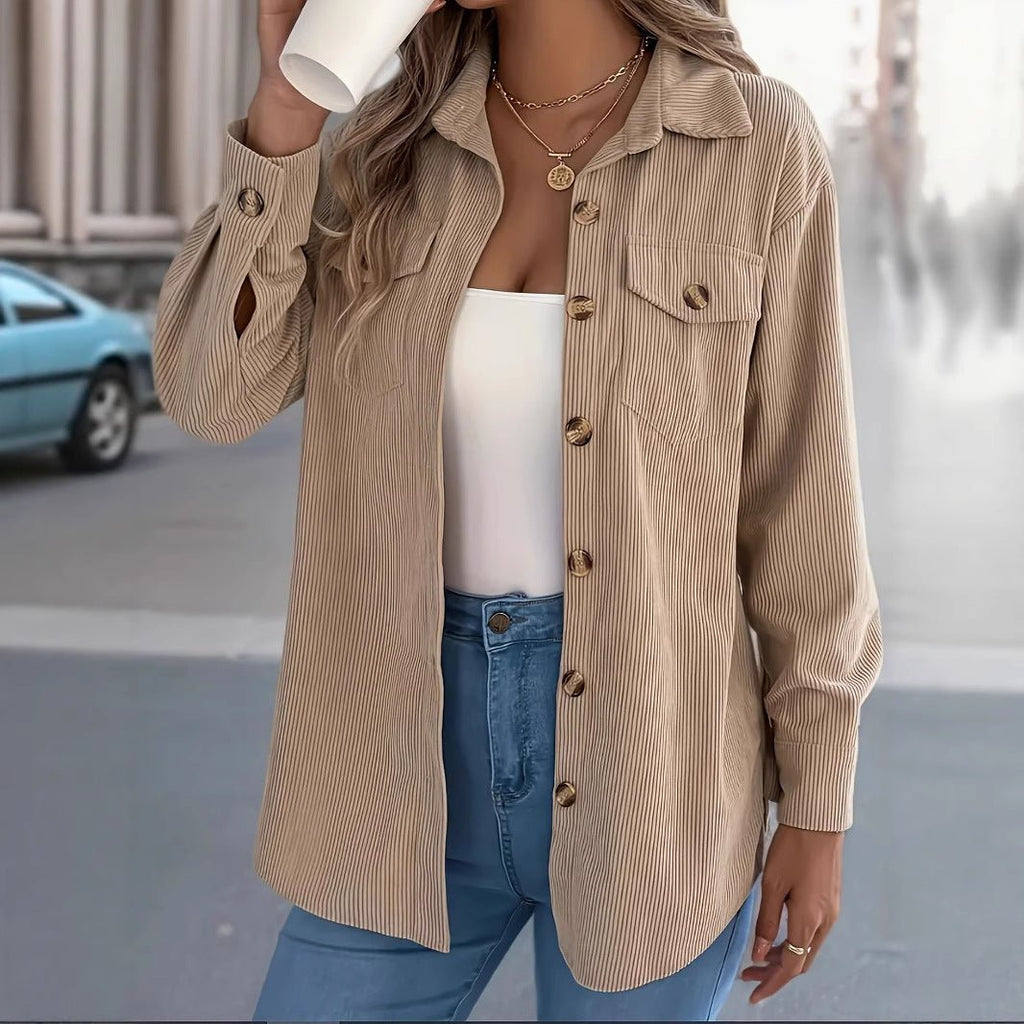 European And American Corduroy Striped Mid - length Coat Shirt - StepByStepNow