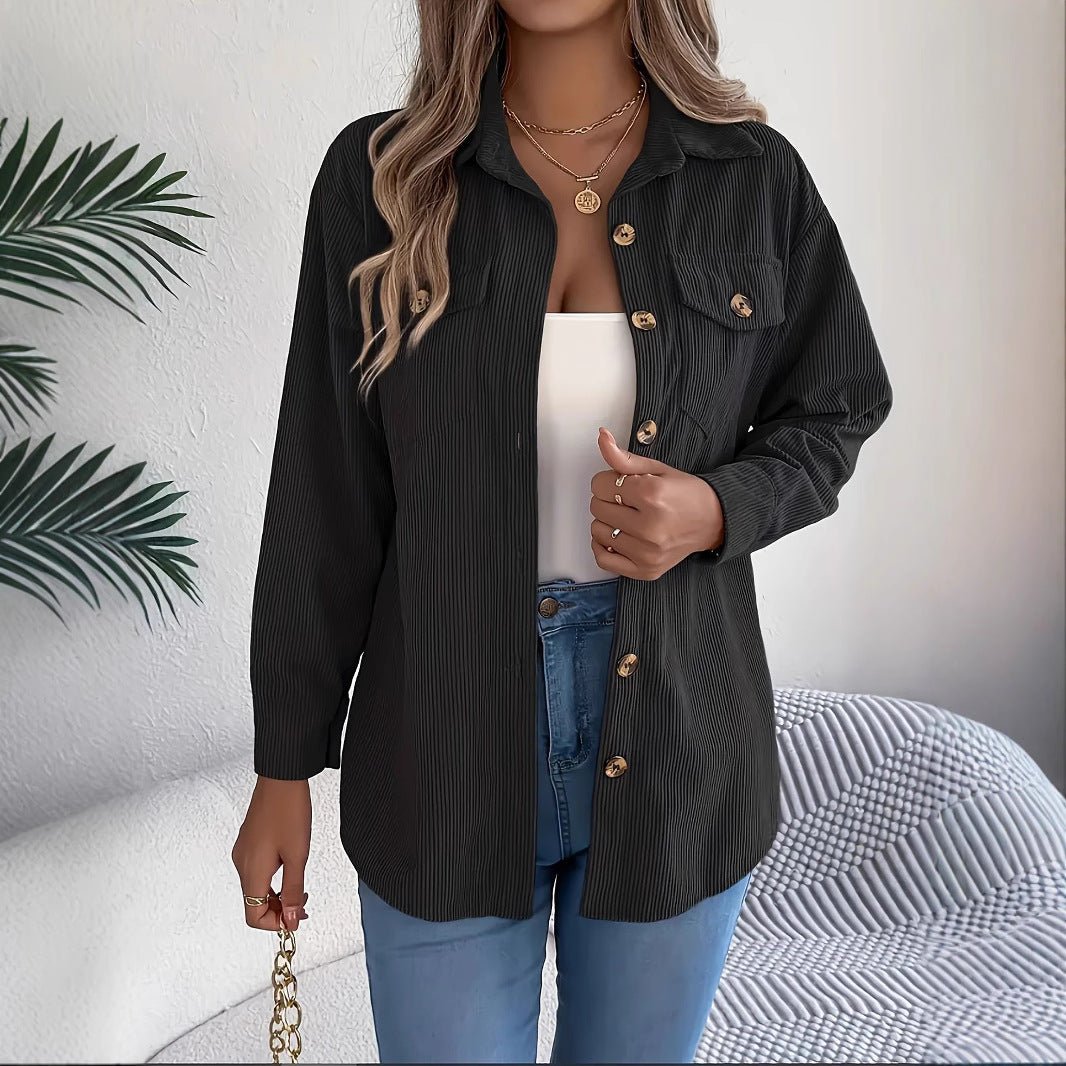 European And American Corduroy Striped Mid - length Coat Shirt - StepByStepNow